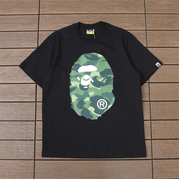 BAPE Green Camouflage Monkey Print Logo T-Shirt - Black Short Sleeve
